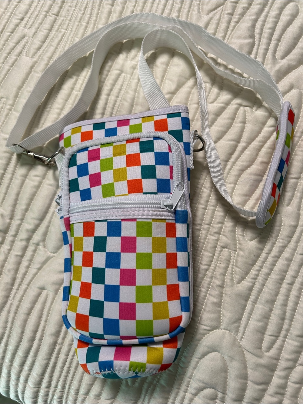Water Bottle Cup Sleeve With Pouch Crossbody Water Bottle Holder- White Strap - Picture 3 of 16